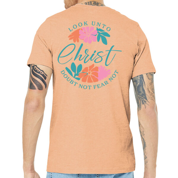 Cursive Christ - print on back - Unisex Heather CVC Short Sleeve Tee Thumbnail